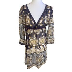 PaulNKC Womens Boho Floral Print Tunic Dress V-Neck 3/4 Sleeve Multi Dress Small